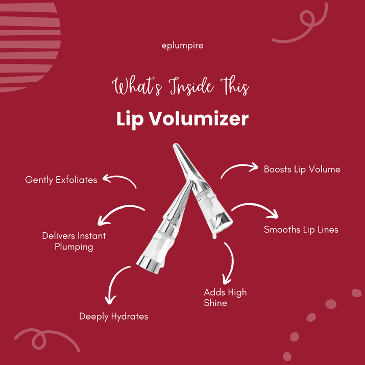 Lip volumizer with features on a red background