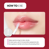 Lip care product application guide with lips and applicator on a red background