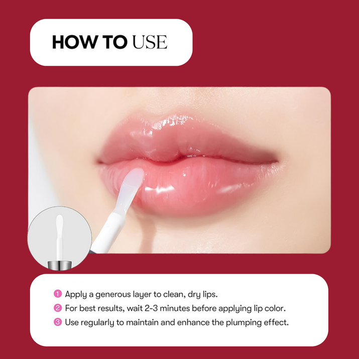 Lip care product application guide with lips and applicator on a red background
