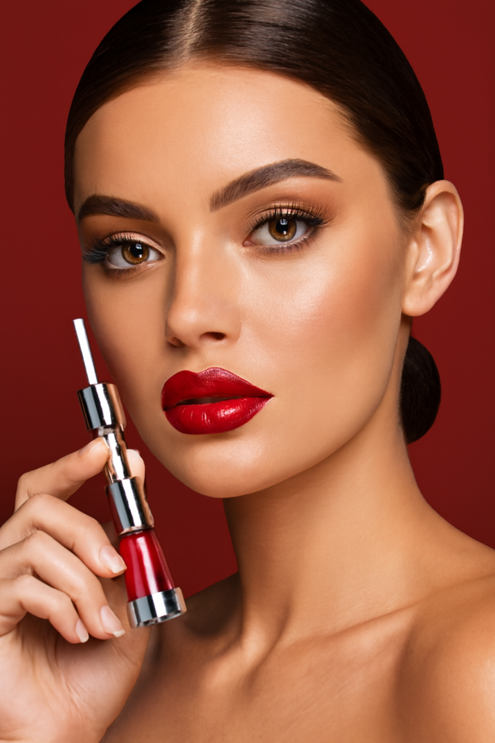 Woman holding a red lipstick with a red background